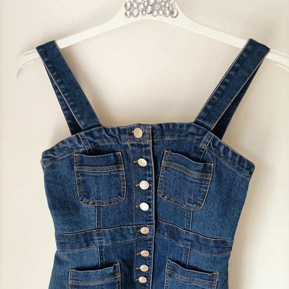 Seeker Denim Bodycon Dress Sz 8 S Button Jeans Pinafore Pencil Stretch Summer - Picture 2 of 4